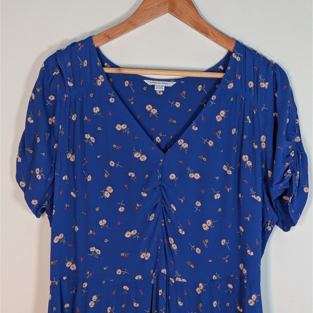 American Eagle Blue Floral V-Neck Mini Dress XL Short Sleeve Boho Cottagecore